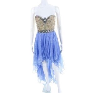NWT Sherri Hill Dress 4 Pastel Blue Rhinestone Crystal Beaded Hi Low Gown